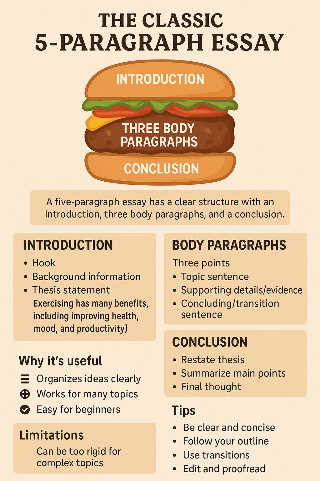 Infographic titled 'The Classic 5-Paragraph Essay'. It presents the essay structure using a hamburger metaphor. The top bun represents the introduction, which includes a hook, background information, and a thesis statement. The three patties are the three body paragraphs, each with a topic sentence and supporting details. The bottom bun is the conclusion, which restates the thesis, summarizes the main points, and provides a final thought. The infographic also lists the benefits of this essay format, such as its usefulness for organizing ideas, and its limitations, noting that it can be too rigid for complex topics. Tips for writing, like following an outline and using transition words, are also included. The visual aid is designed for students learning structured writing.